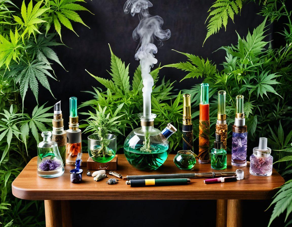 A vibrant, inviting display of various cannabis accessories including colorful rolling papers, elegant glass pipes, and intricate vaporizer designs, set amidst a backdrop of lush green leaves. Include natural healing elements like crystals and herbal teas, merging organic aesthetics with modern design. The scene should evoke a sense of serenity and holistic healing. super-realistic. vibrant colors. natural background.