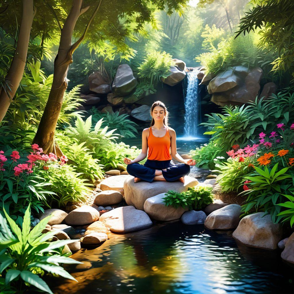 A serene scene featuring a lush green landscape with vibrant flowers, a cozy meditation corner, and a gentle stream flowing nearby. Include a person meditating with soft rays of sunlight filtering through leaves, surrounded by cannabis plants symbolizing healing. Emphasize a harmonious blend of nature and wellness for a joyful atmosphere. super-realistic. vibrant colors. peaceful ambiance.