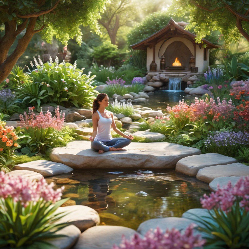 A serene scene depicting a tranquil garden with a gentle stream, surrounded by lush greenery and soft blooming flowers. In the foreground, a person practicing yoga, embodying peace and mindfulness, while warm sunlight filters through the leaves. Incorporate elements of holistic healing such as crystals and essential oils on a nearby stone altar. super-realistic. vibrant colors. calming atmosphere.